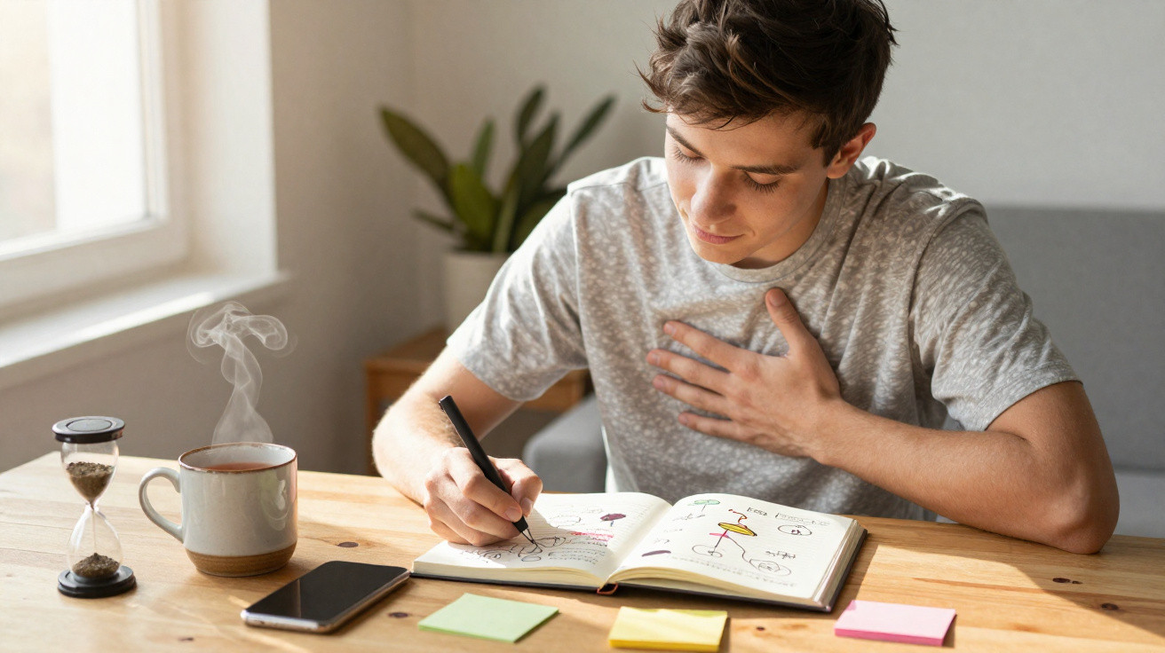 Jovem sentado a escrever num caderno, com chá quente, telemóvel e ampulheta numa mesa de madeira iluminada.