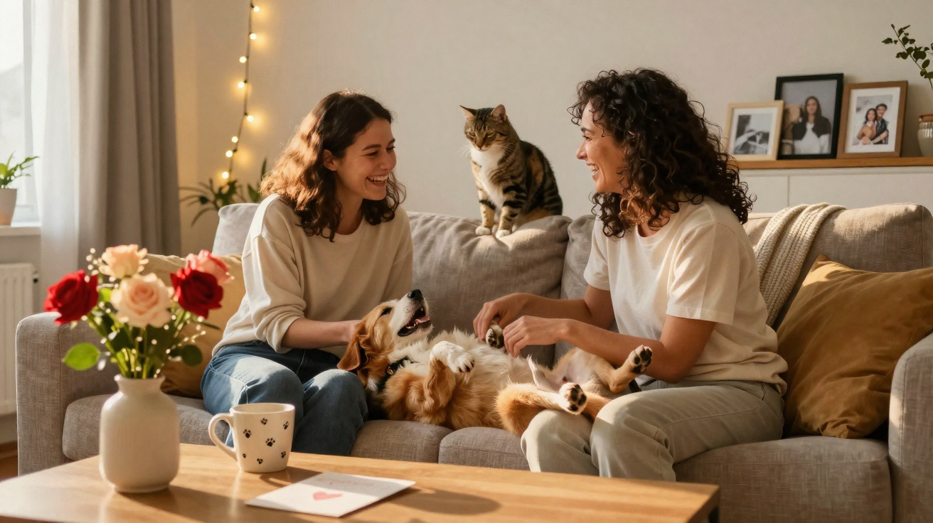 Duas mulheres sorridentes sentadas no sofá a brincar com um cão, com um gato em cima do encosto.