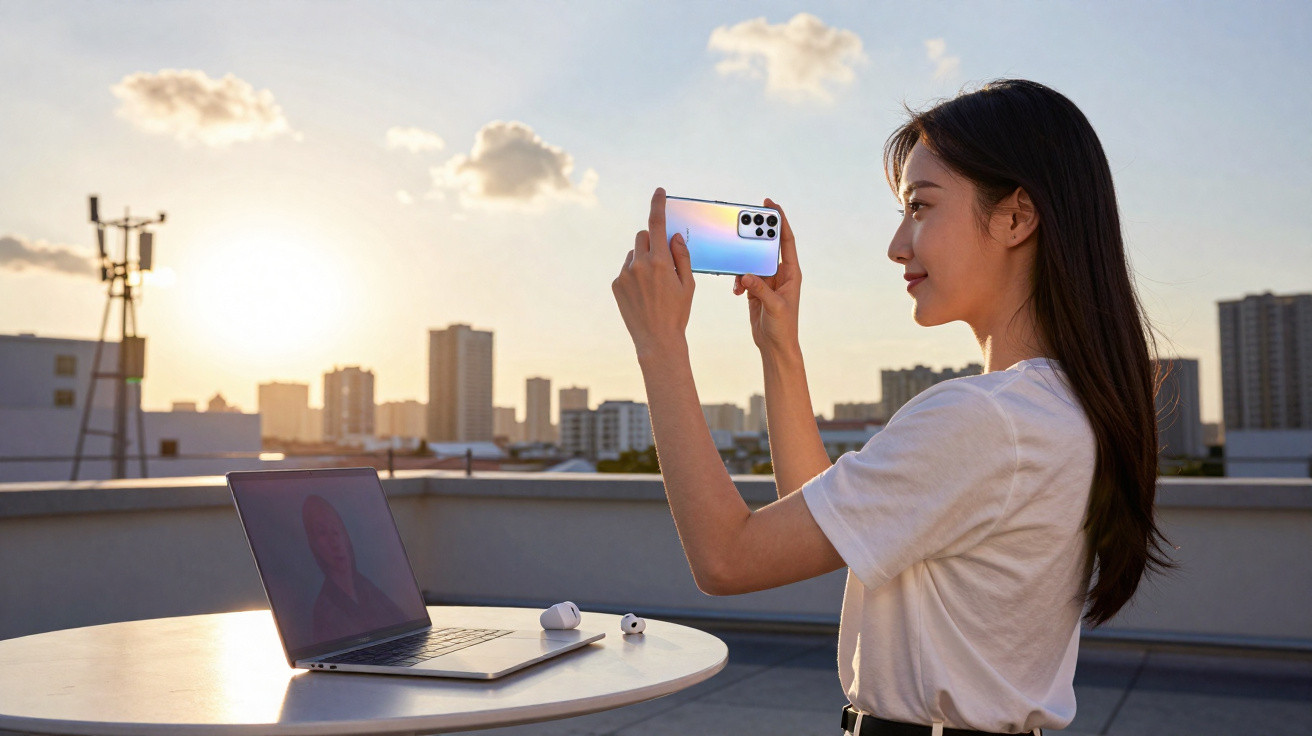Mulher tira foto com smartphone ao pôr-do-sol, ao lado de portátil e auscultadores numa mesa exterior.