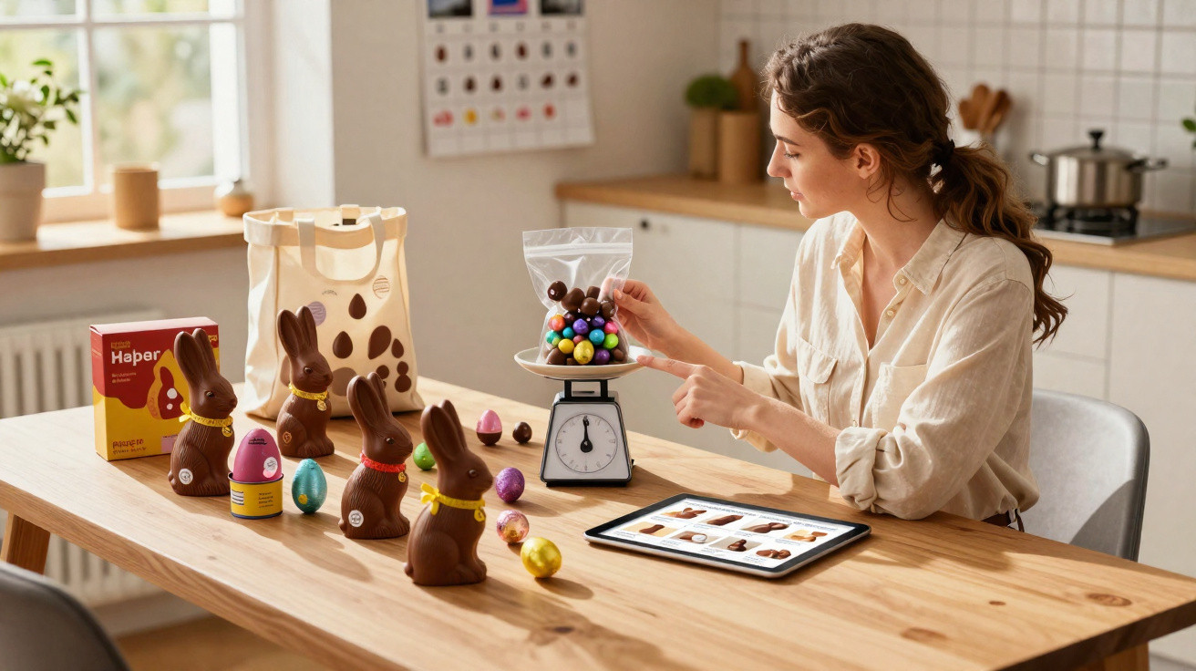 Mulher a pesar ovos de chocolate em balança, com coelhinhos de chocolate e tablet numa mesa de cozinha.