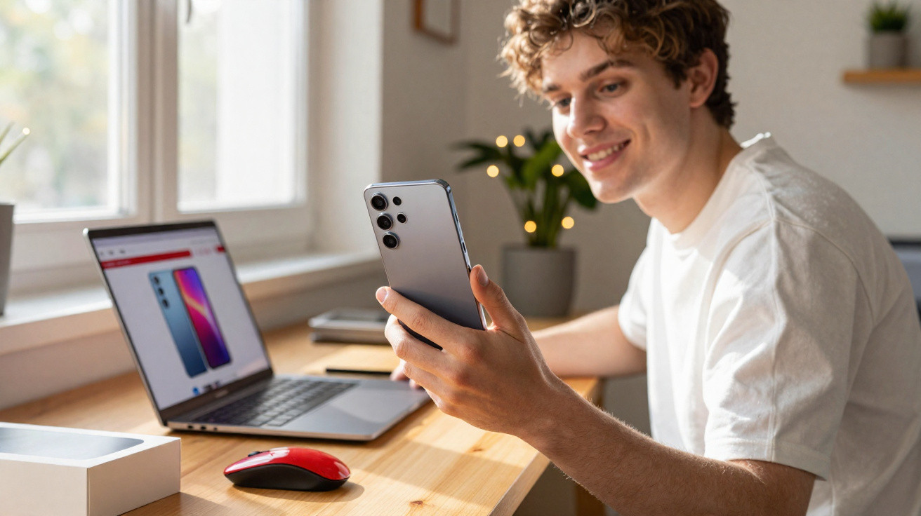 Jovem sentado numa secretária a sorrir enquanto segura um smartphone novo diante de um portátil aberto.