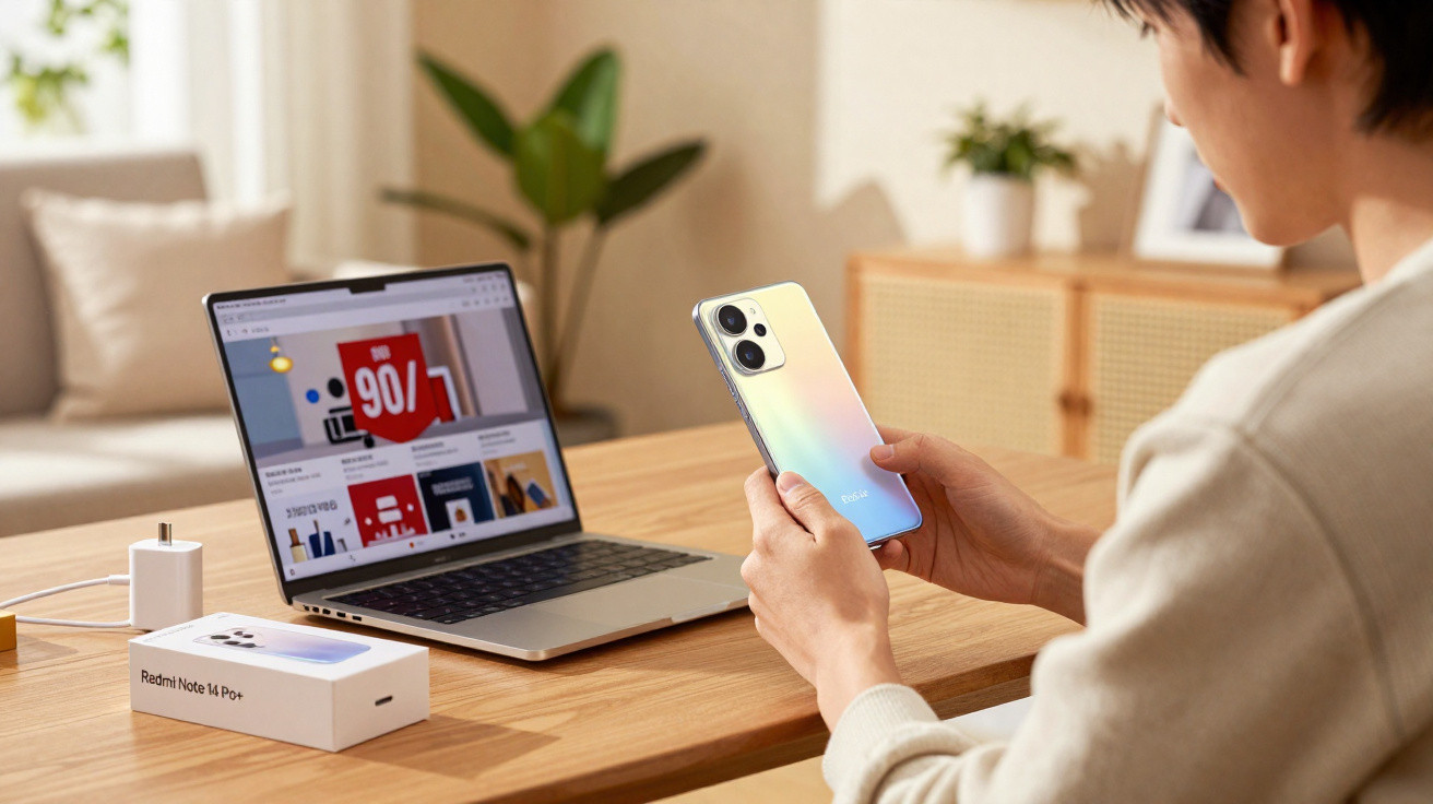 Pessoa a segurar um smartphone prateado junto a um computador portátil numa mesa de madeira.