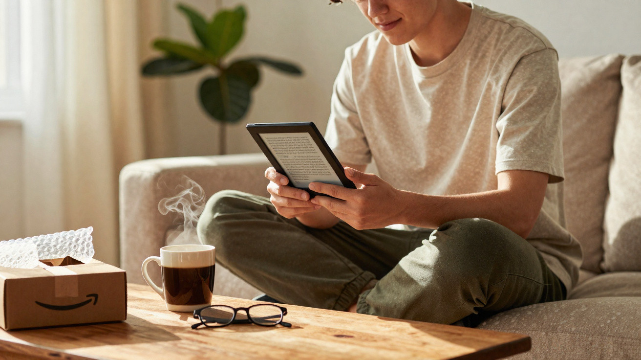 Jovem sentado no sofá a ler num leitor de e-books, com chá quente, óculos e caixa da Amazon numa mesa de madeira.