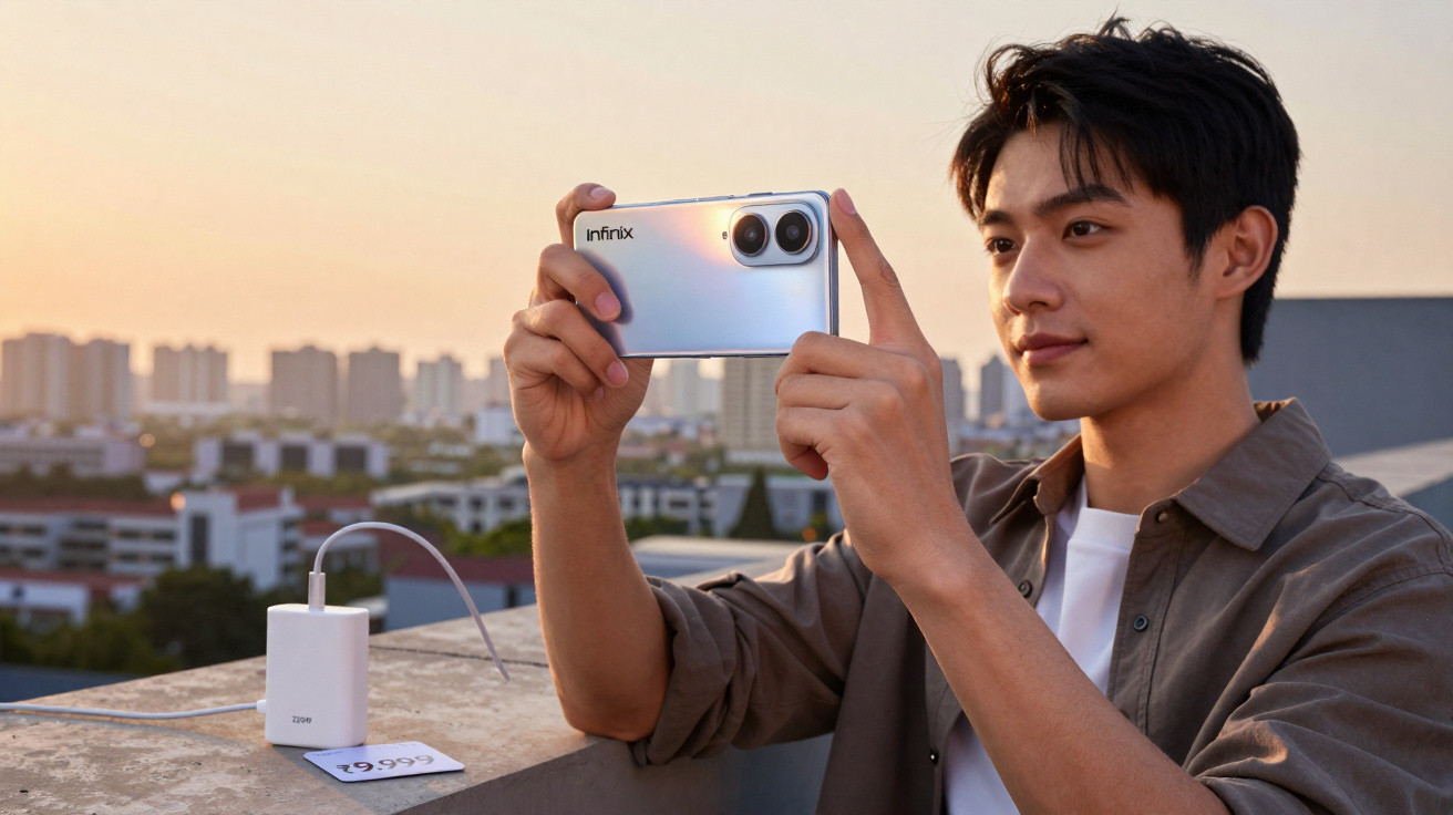 Homem a tirar foto com um smartphone Infinix num terraço ao pôr do sol, com carregador e etiqueta à vista.