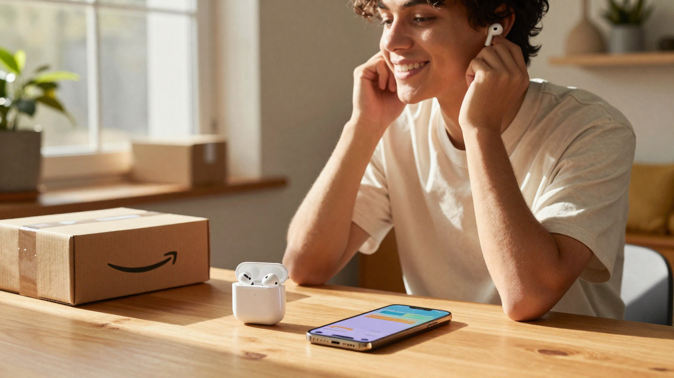 Jovem a usar auscultadores sem fios junto a uma caixa de cartão e telemóvel num espaço iluminado.