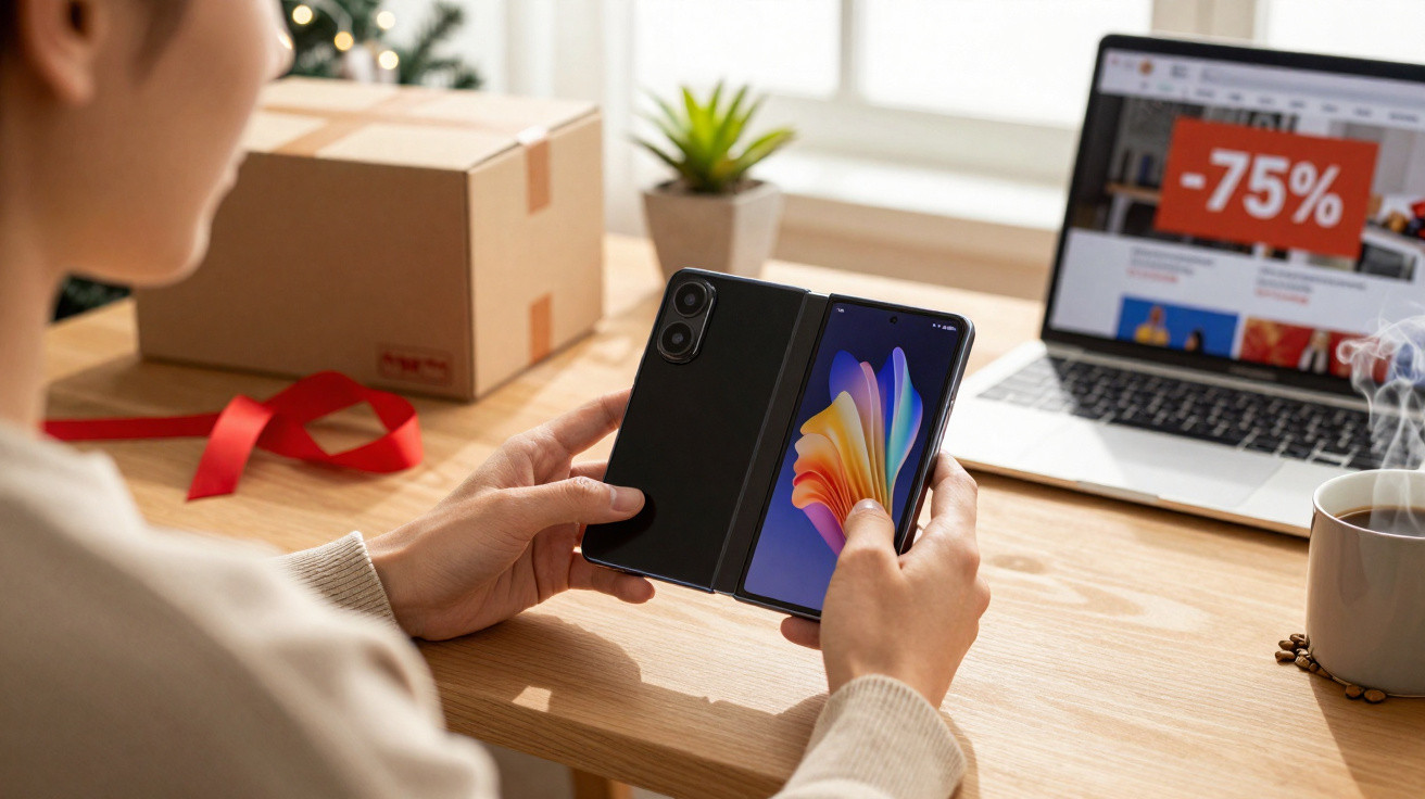 Pessoa a segurar smartphone dobrável com ecrã colorido, perto de computador com promoção de 75% e chá quente.