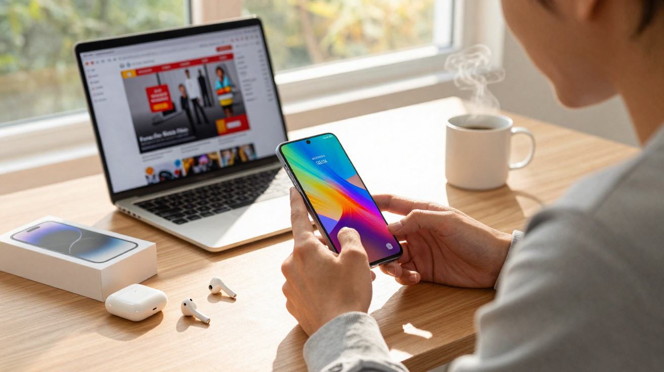 Pessoa a usar smartphone junto a portátil, auscultadores e chá quente numa mesa de madeira junto a janela.