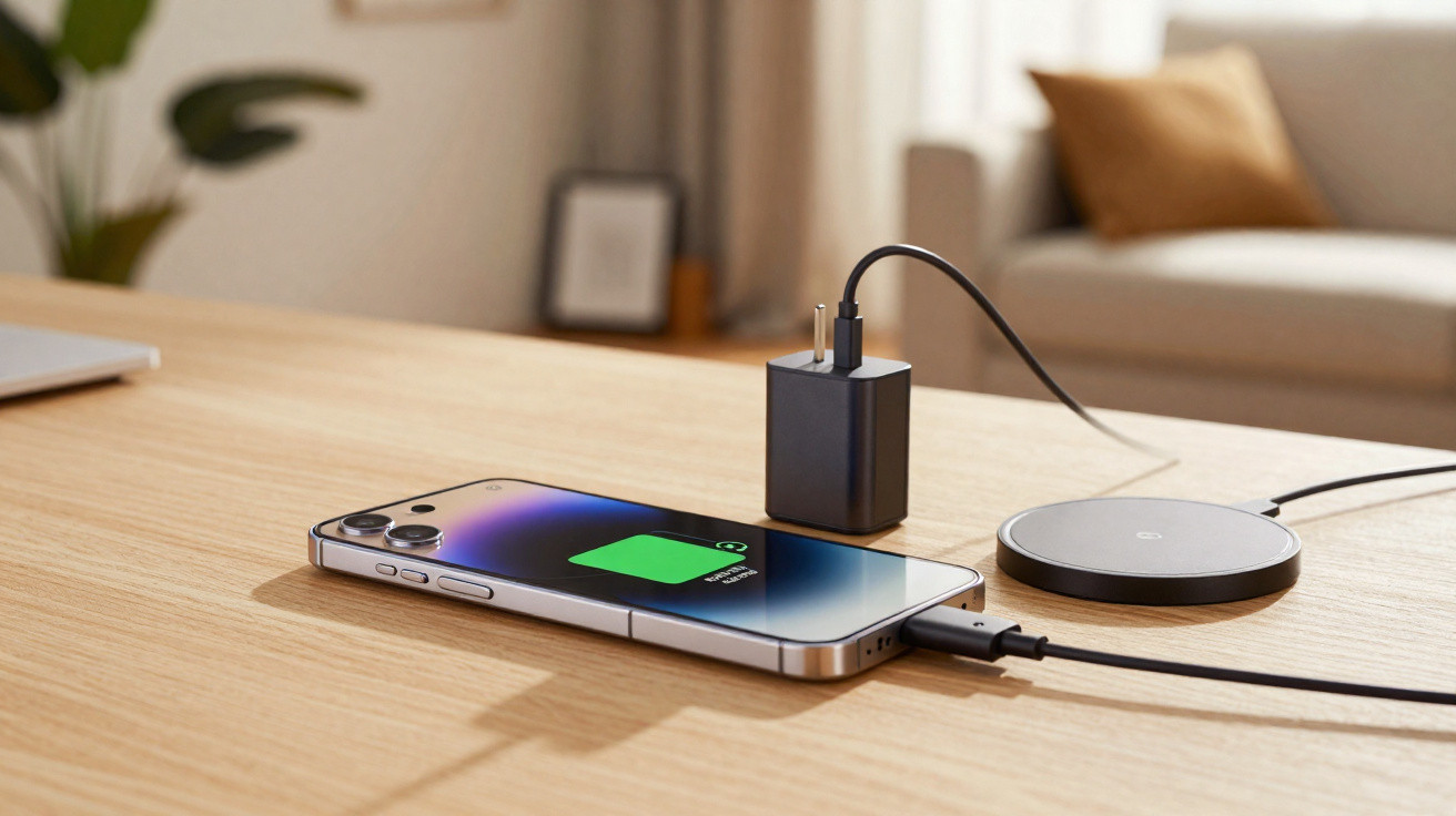 Smartphone a carregar ligado a cabo e carregador sem fios sobre mesa de madeira numa sala iluminada.