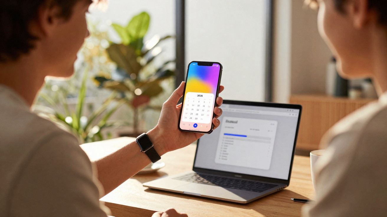 Duas pessoas a analisar calendário num smartphone junto a um portátil com gráficos numa mesa iluminada por luz natural.