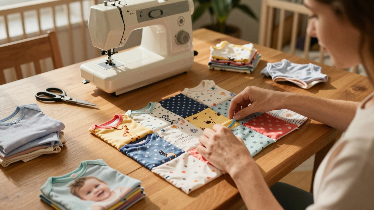 Pessoa a coser retalhos de tecido coloridos com motivos infantis numa mesa com máquina de costura.