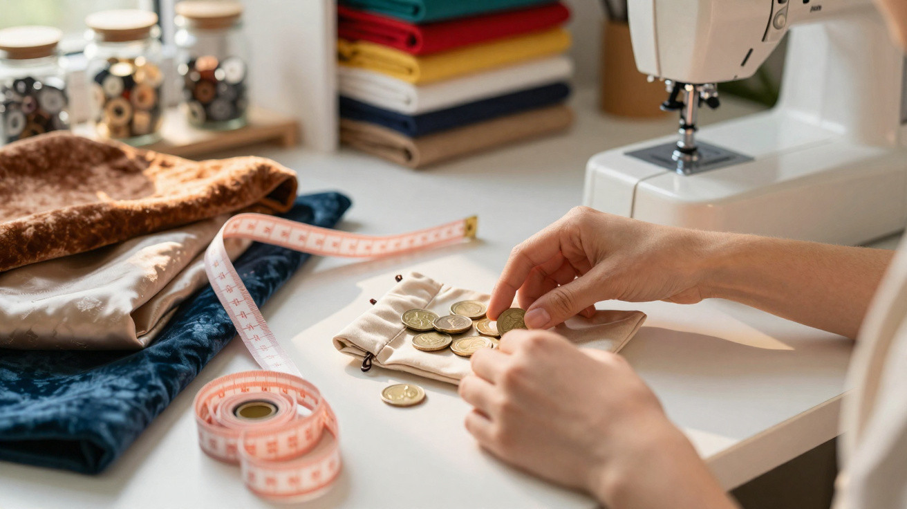 Mesa de costura com tecidos, máquina de costura, fita métrica e mãos a contar moedas.