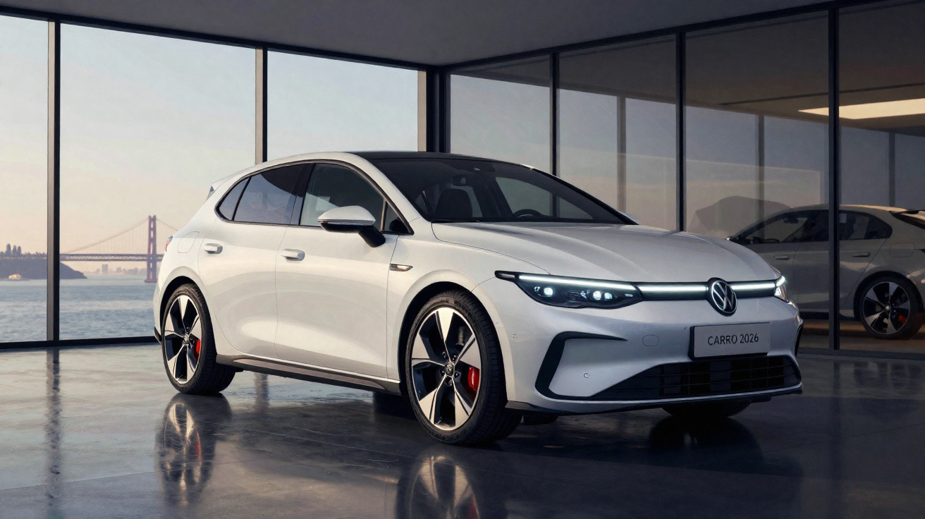 Carro elétrico Volkswagen branco estacionado em interior moderno com grandes janelas panorâmicas e vista para ponte.