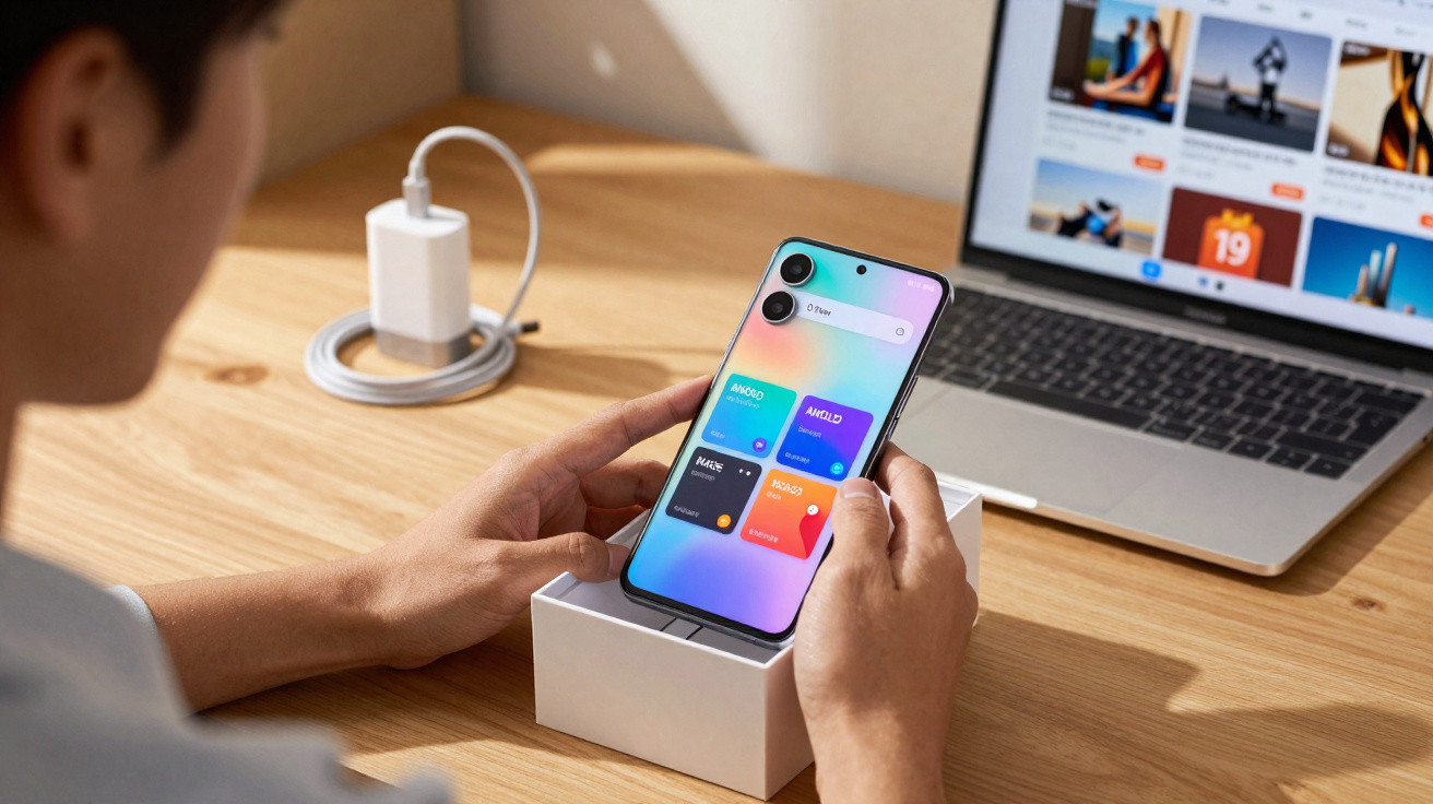 Pessoa a segurar smartphone novo colorido em cima de caixa branca, com portátil aberto na mesa de madeira.