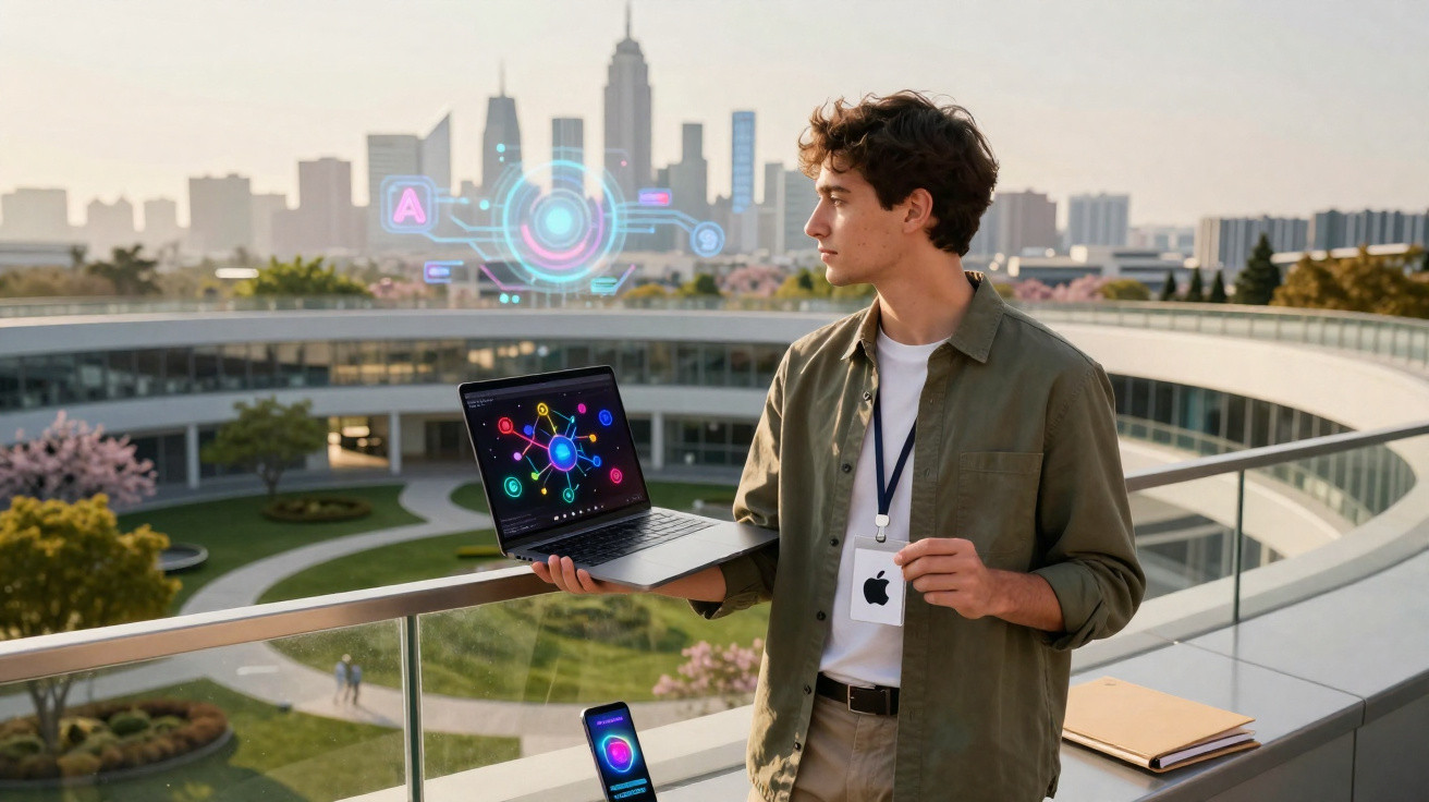Jovem com crachá Apple segura portátil aberto com gráficos digitais em terraço com vista para cidade.