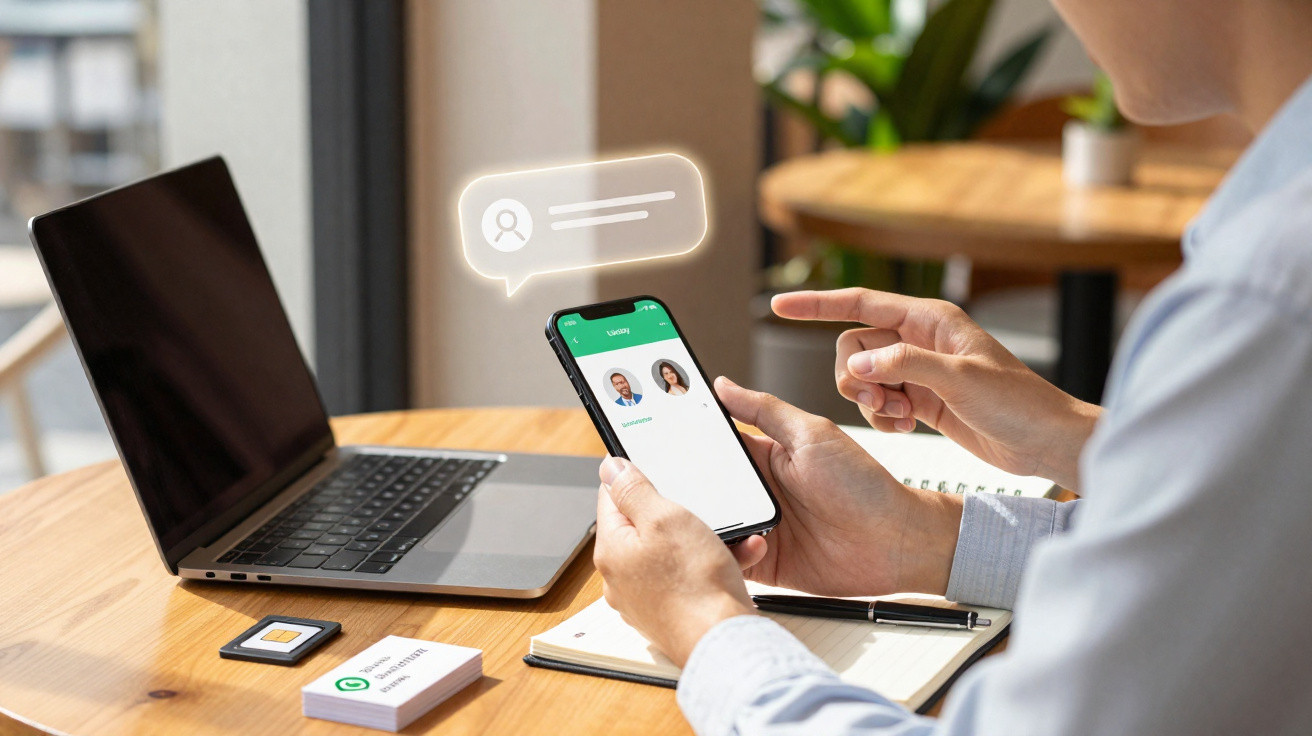 Pessoa a usar telemóvel numa aplicação de reuniões, com computador portátil e material de escritório numa mesa de madeira.