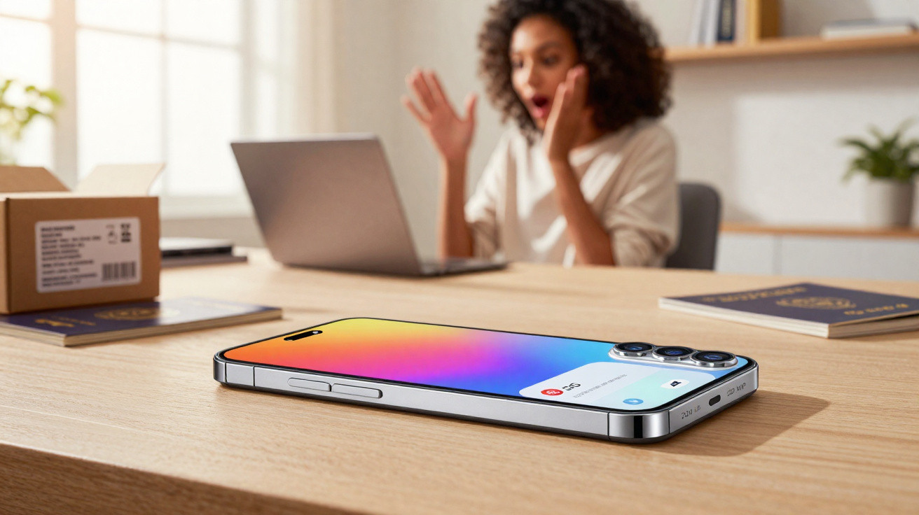 Smartphone moderno numa mesa com chamada recebida, ao fundo mulher surpreendida junto a computador portátil.