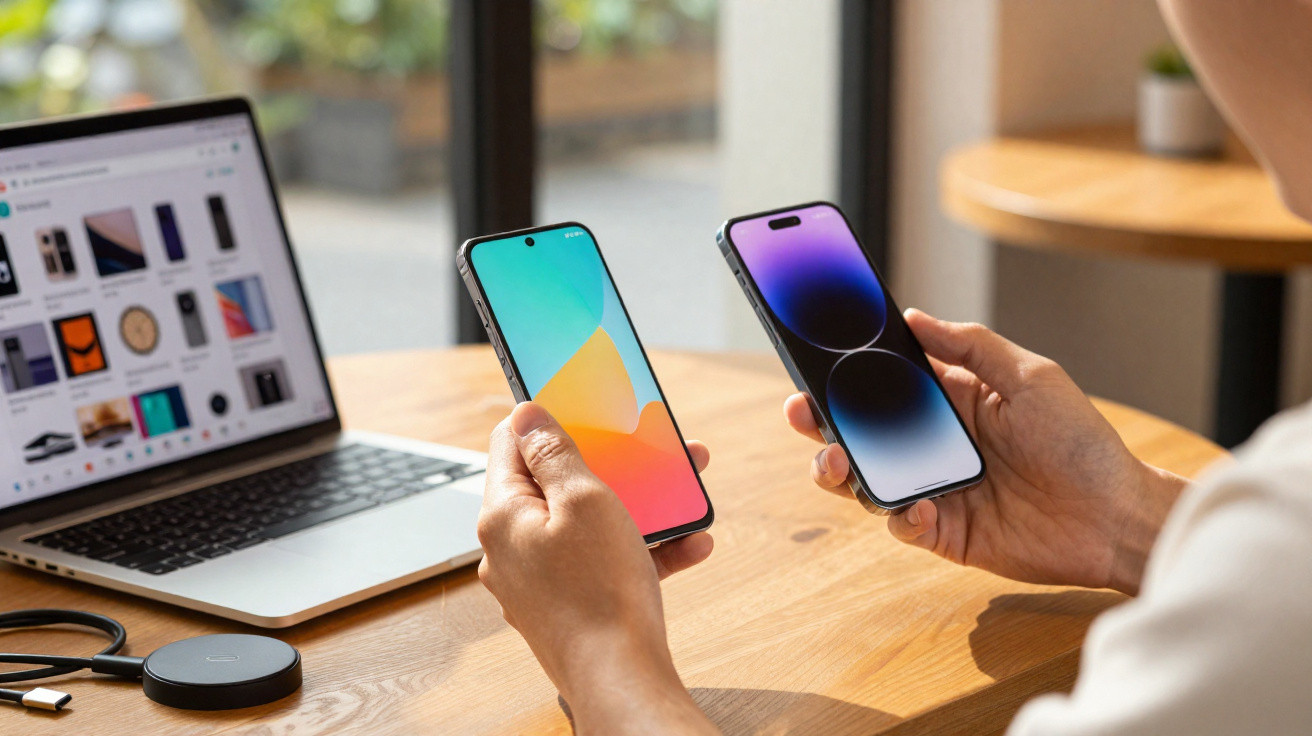 Pessoa a segurar dois smartphones, um em cada mão, com portátil aberto numa mesa de madeira à frente.