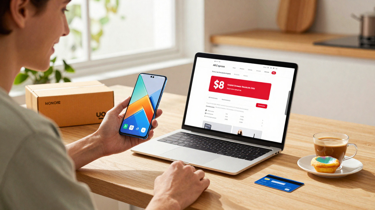 Pessoa a segurar smartphone junto a laptop com site de descontos, cartão azul, chá e bolo numa mesa de madeira.