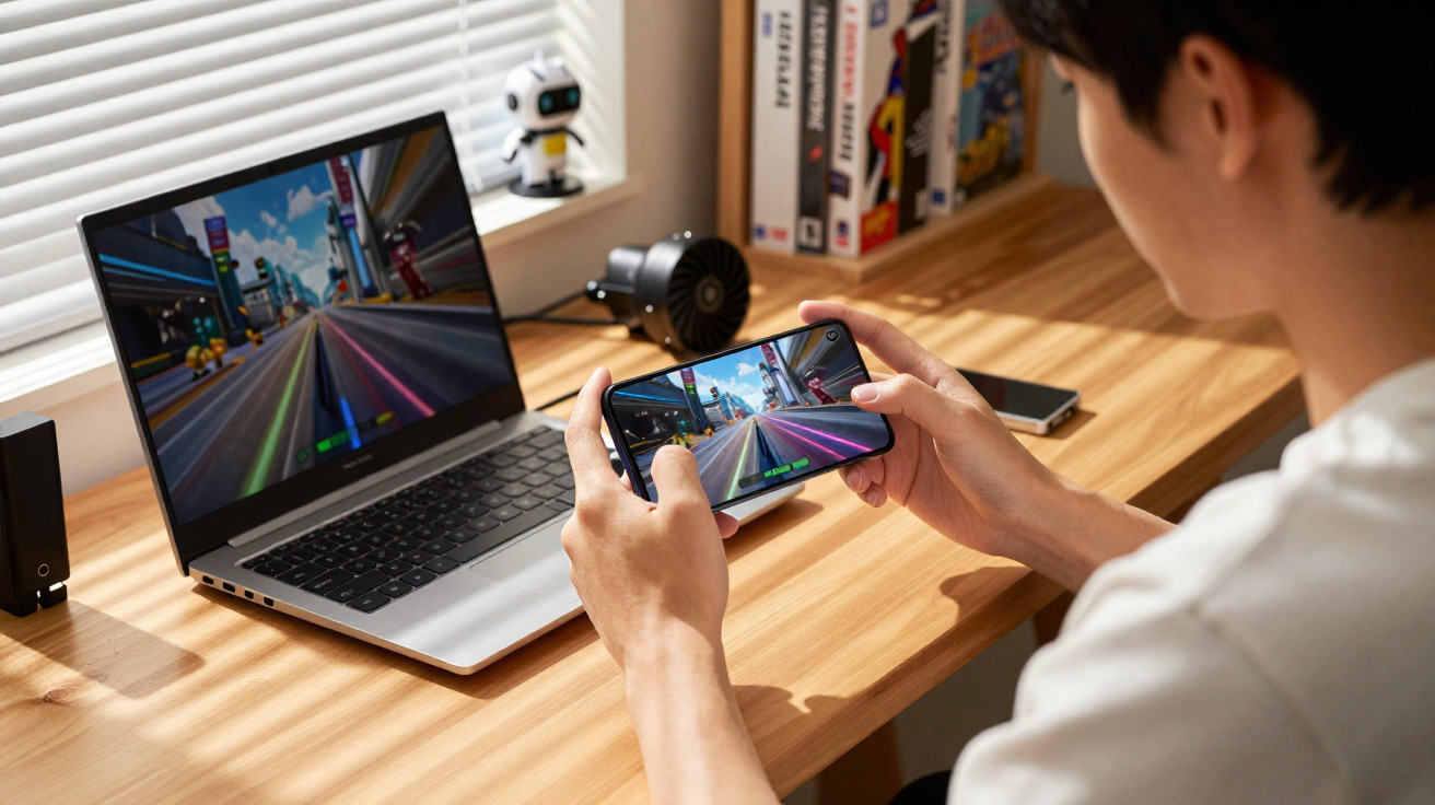 Pessoa a jogar um jogo de corrida em simultâneo num smartphone e num portátil, numa secretária em casa.
