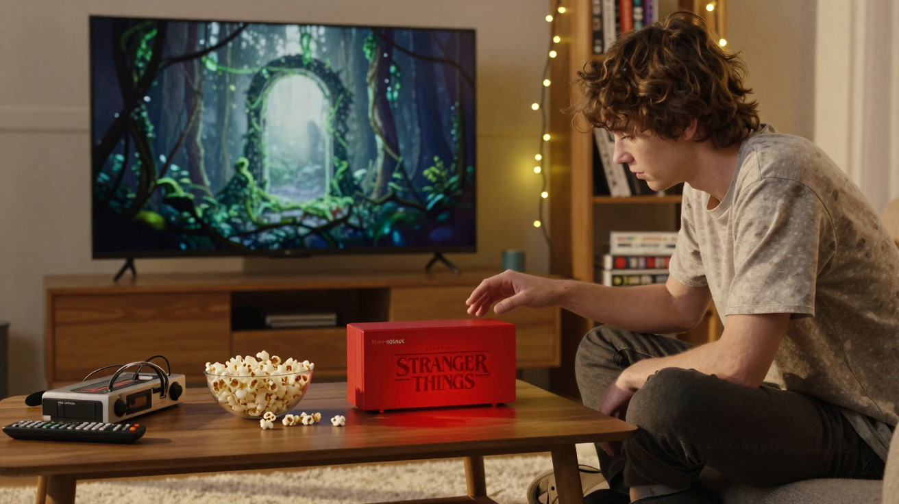 Jovem sentado no sofá ao lado de mesa com pipocas, vídeo game e caixa Stranger Things, televisão com floresta misteriosa.
