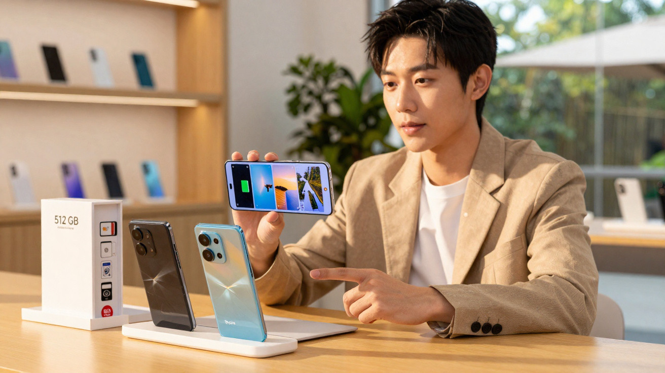 Homem a apresentar telemóvel com ecrã a mostrar fotos, dois telemóveis expostos e caixa com 512 GB num ambiente moderno.
