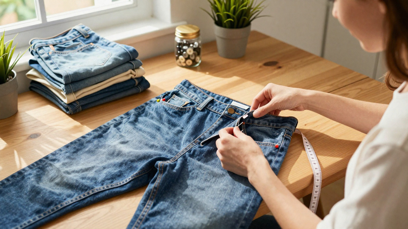 Pessoa a remendar uns jeans azuis sobre mesa de madeira com pilha de calças e plantas ao fundo.