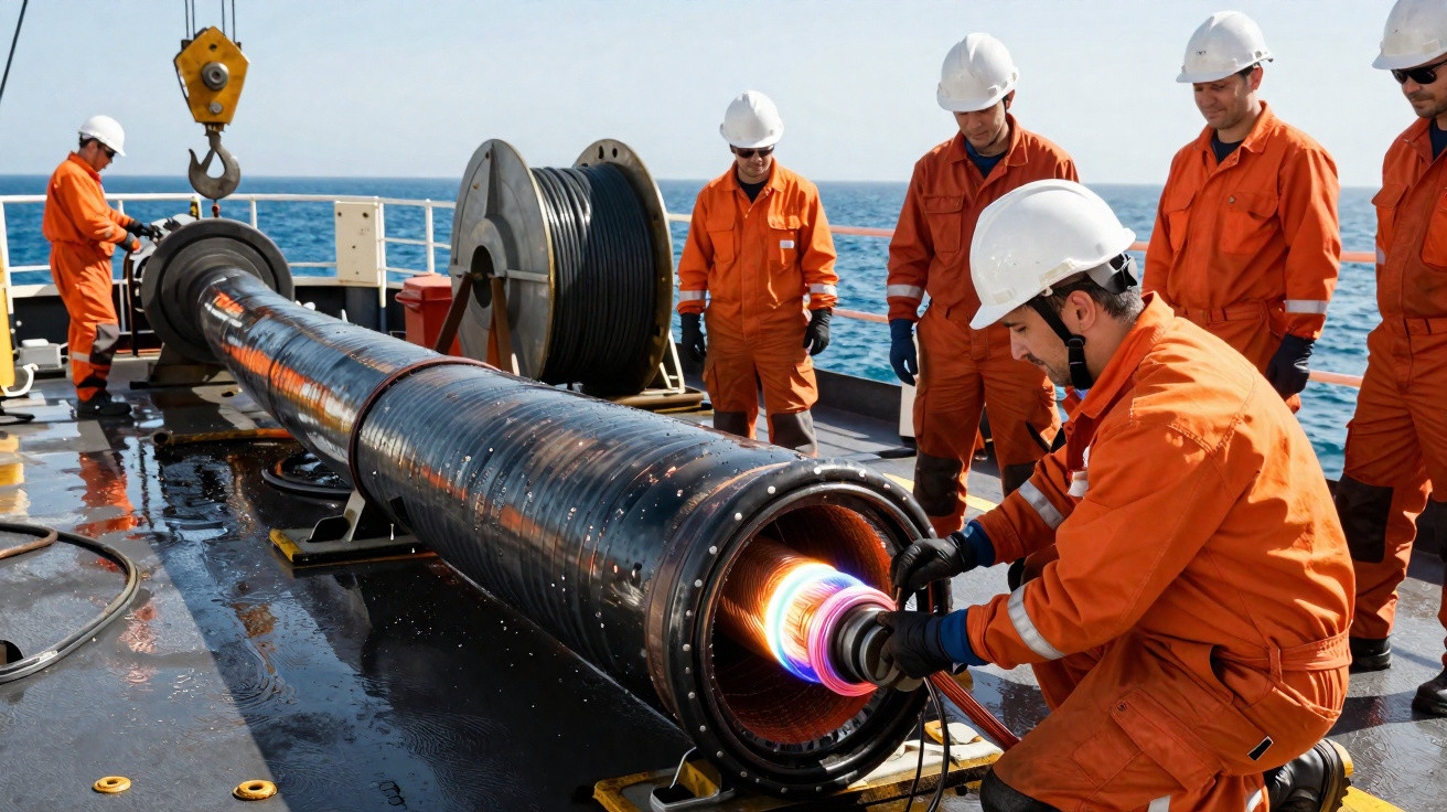 Trabalhadores com fato laranja e capacete inspecionam cabo submarino numa plataforma marítima ensolarada.