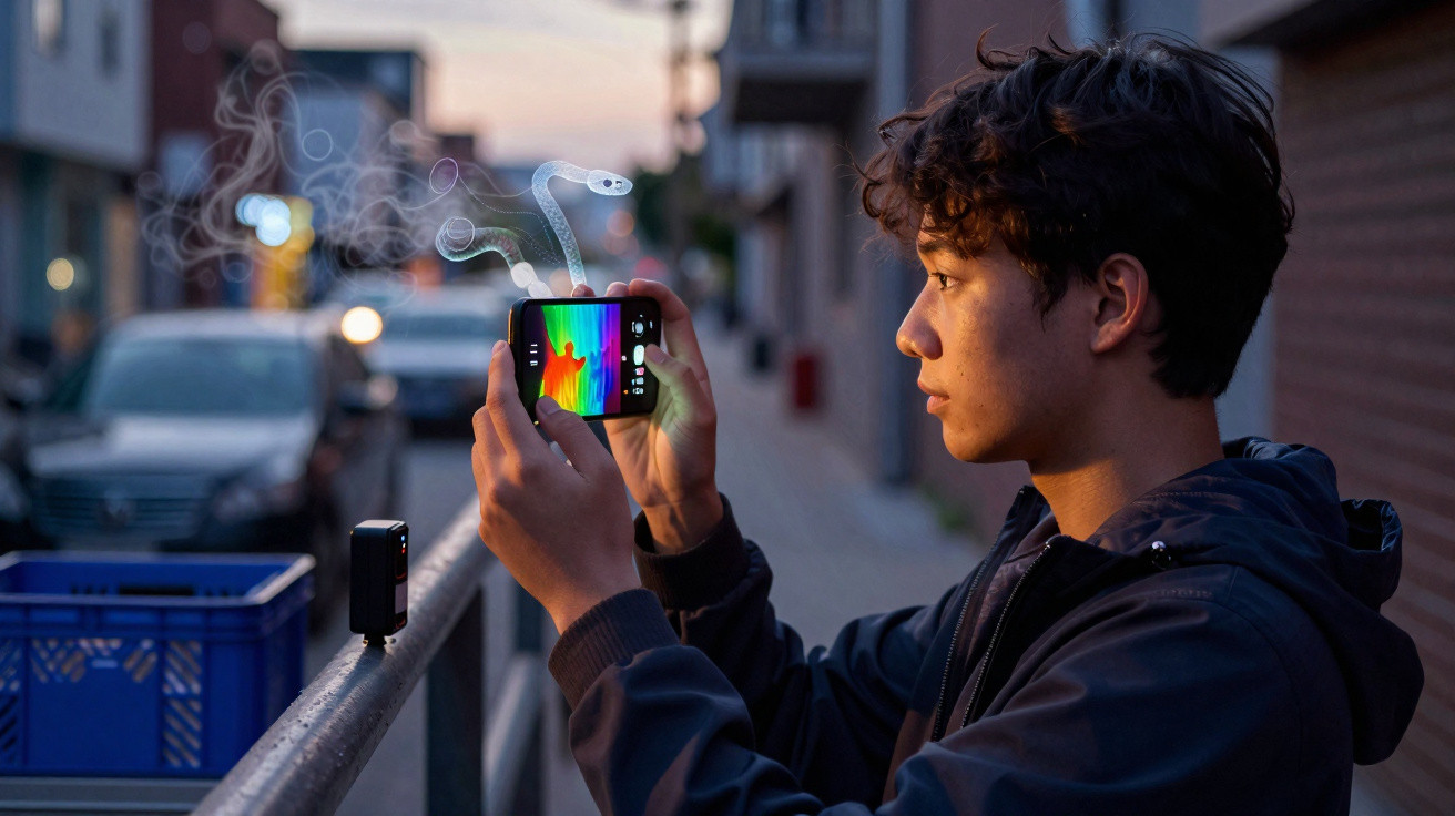 Jovem a usar smartphone com câmara térmica para detectar gases invisíveis numa rua ao entardecer.