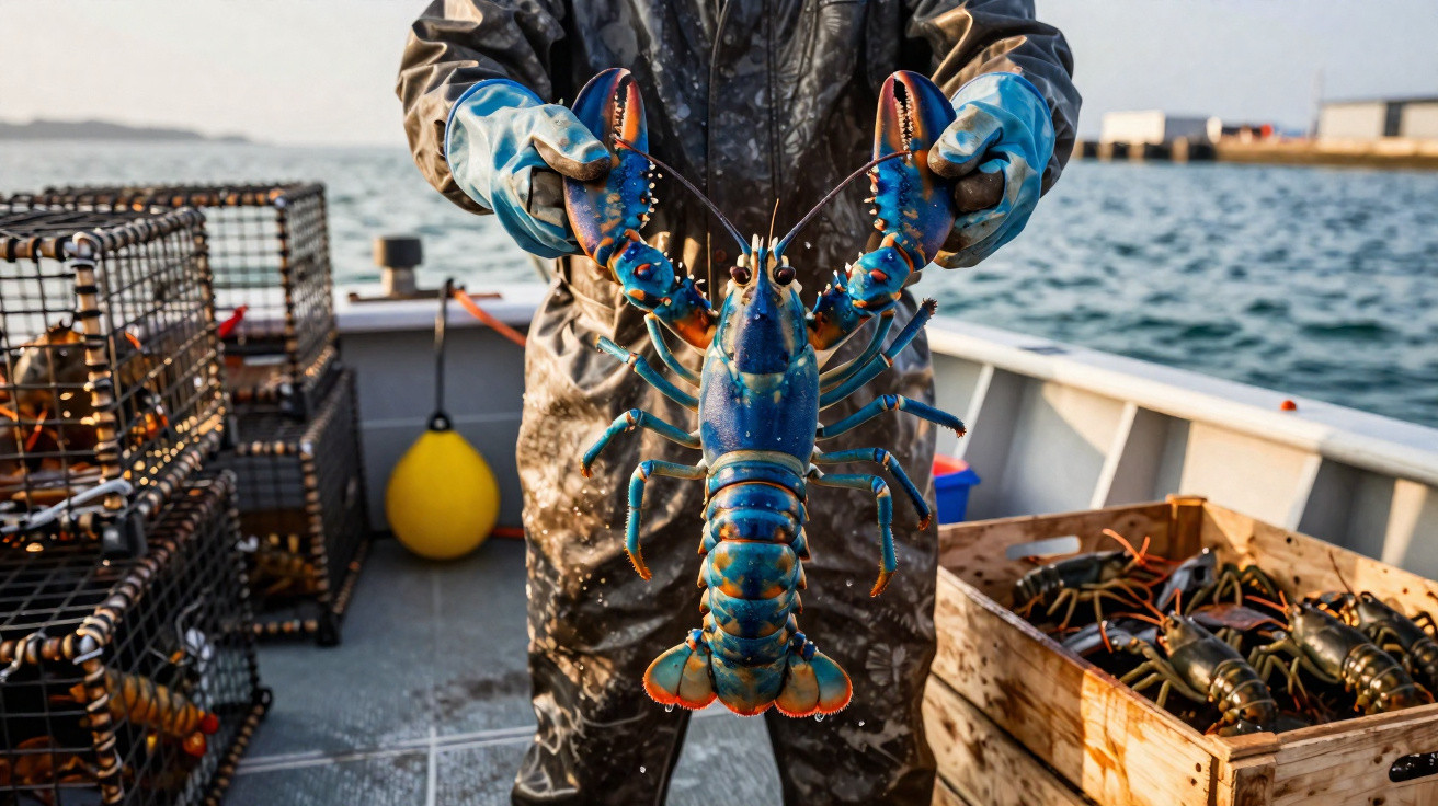 Pescador de fato impermeável mostra uma lagosta azul fresca num barco com armadilhas ao fundo.