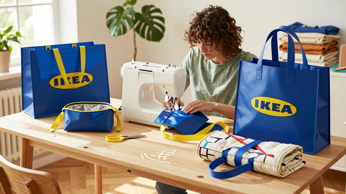 Pessoa a coser tecido azul com máquina de costura numa mesa com sacos IKEA azuis e outros objetos.