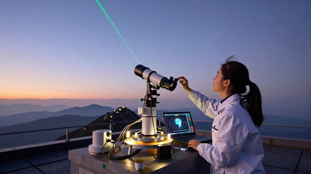 Mulher com bata branca opera telescópio com laser verde ao pôr do sol em montanha com computador portátil.