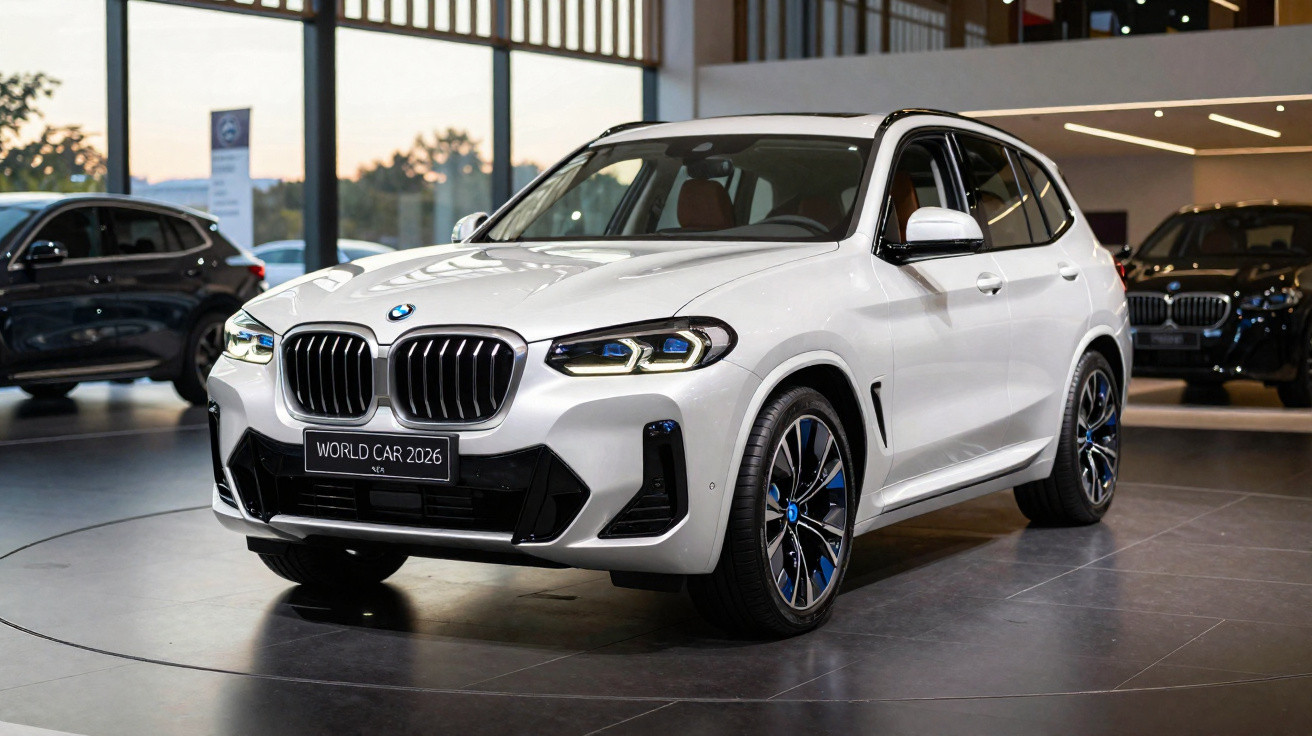 BMW branco modelo 2026 em exposição numa sala de carros moderna e iluminada.