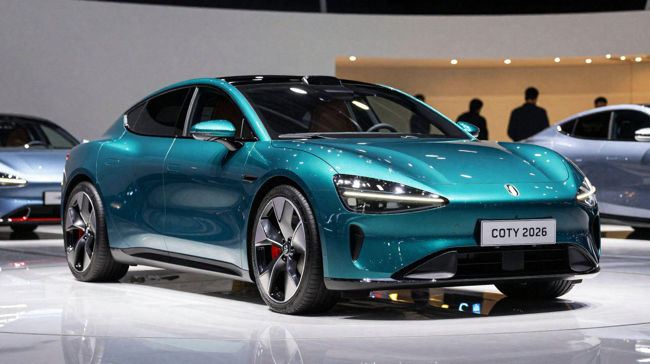 Carro desportivo eléctrico azul metálico exposto em salão automóvel com placa COTY 2026.