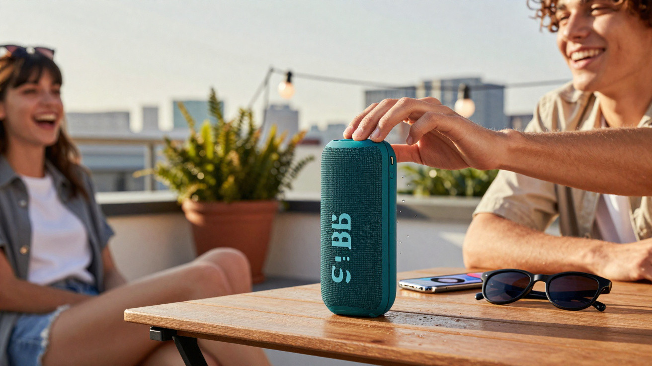 Coluna portátil azul a ser ligada numa mesa exterior com amigos a divertir-se ao fundo.