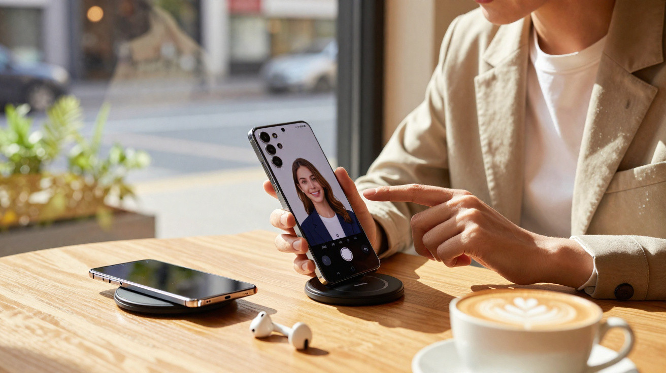 Pessoa usando smartphone para vídeo chamada numa mesa com café, auscultadores e outro telefone.