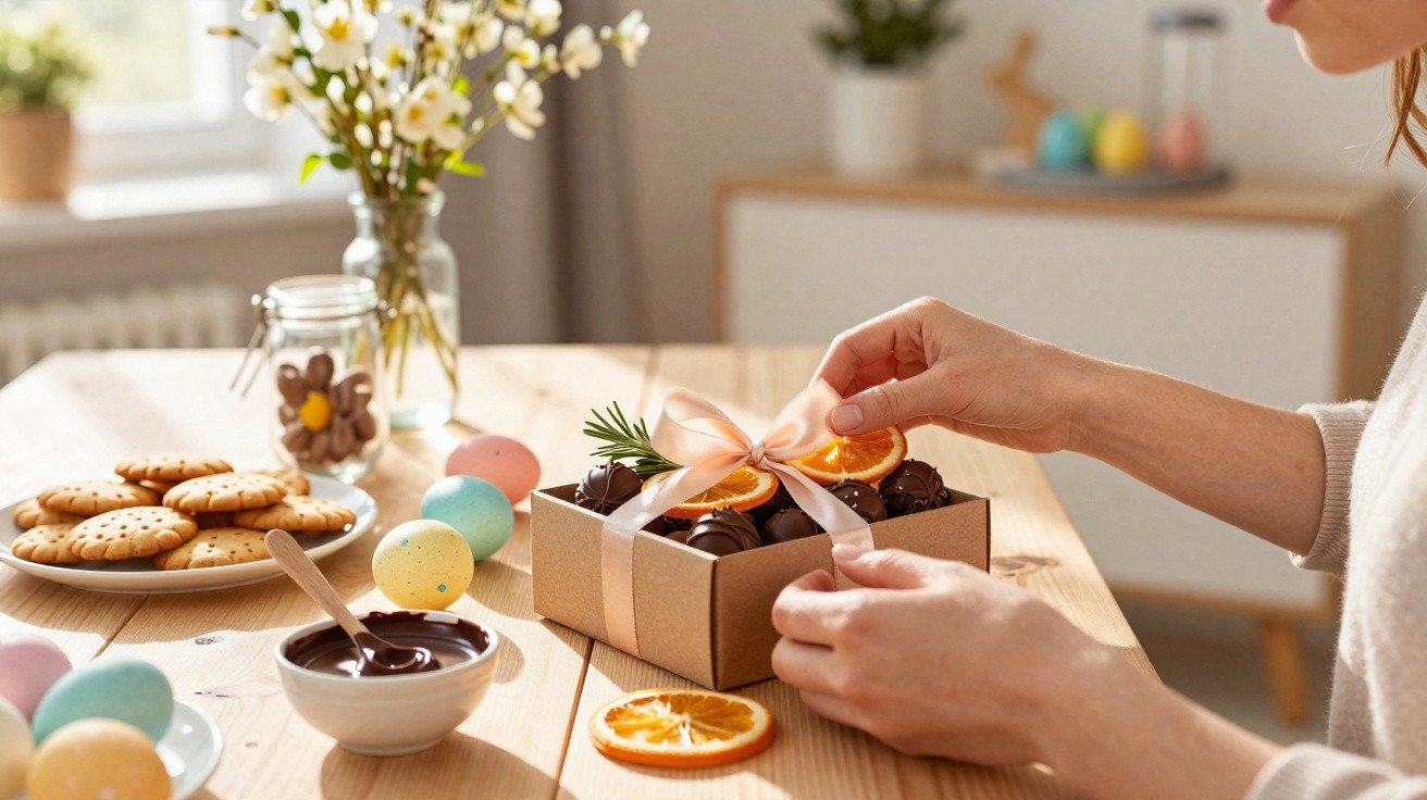 Pessoa a decorar caixa de chocolates com fita, flores e rodelas de laranja, junto a ovos coloridos e bolachas.