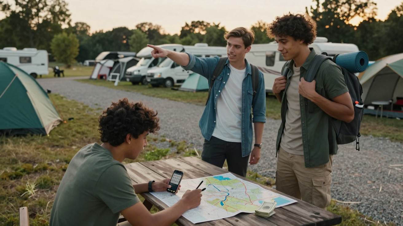 Três jovens junto a uma mesa de madeira com mapa e telemóvel, acampamento com tendas e caravanas ao fundo.