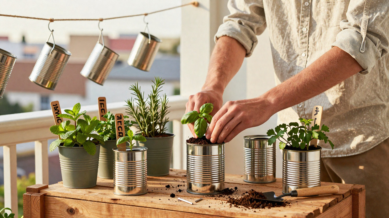 Pessoa a plantar ervas aromáticas em latas recicladas numa varanda com iluminação natural.