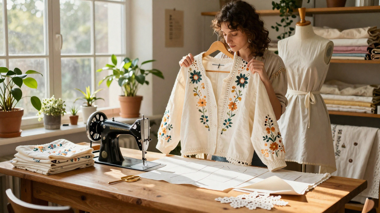 Mulher a segurar blusa bordada em ateliê com máquina de costura, manequim e plantas.