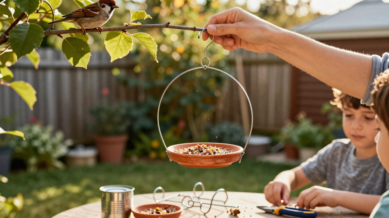 Mão pendura comedouro circular com sementes num ramo, pássaro pousa e crianças brincam ao fundo num jardim.