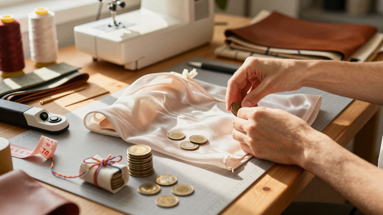 Mãos a colocar moedas numa peça de tecido numa mesa com materiais de costura e máquina de costura ao fundo.