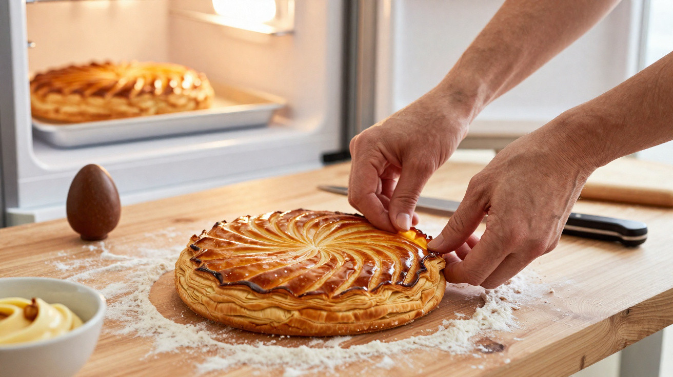 Mãos a decorar uma galette des rois numa mesa de madeira com mais uma galette no forno e um ovo de chocolate.