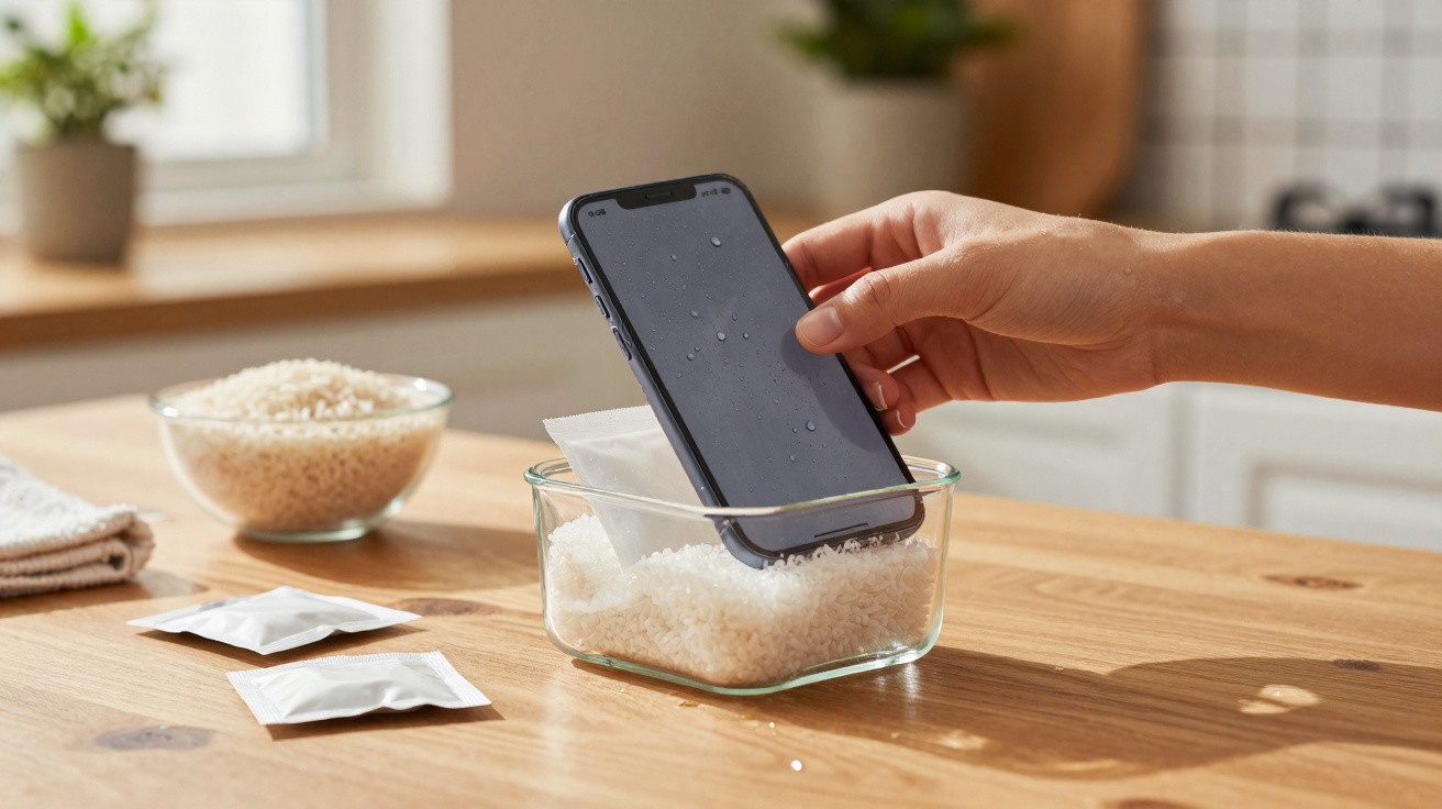 Pessoa a secar telemóvel molhado em recipiente com arroz numa cozinha iluminada.
