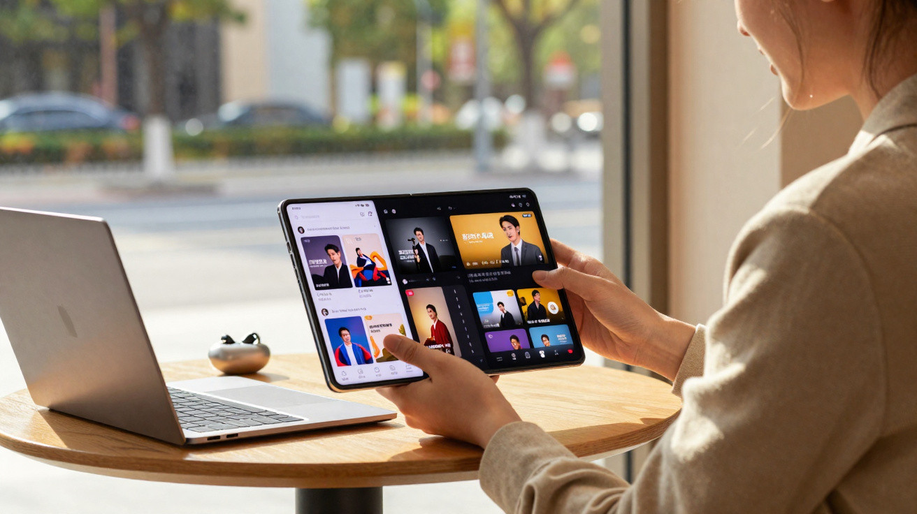 Pessoa a utilizar tablet dobrável com ecrã expandido, sentada numa mesa com portátil aberto à sua frente.