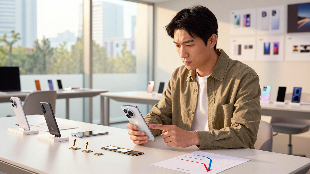 Homem sentado numa mesa, a usar um smartphone com vários telemóveis e gráficos à sua frente, em escritório.