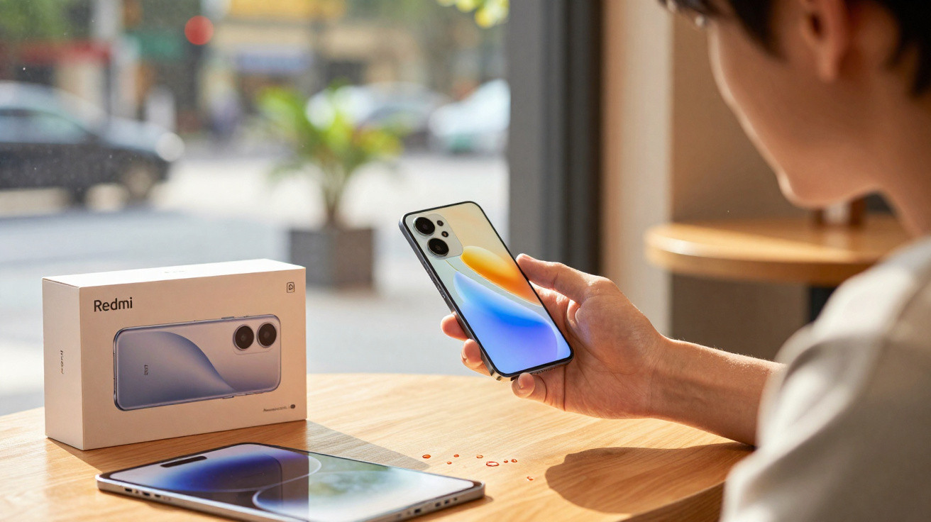 Pessoa a segurar um smartphone moderno ao lado da caixa Redmi e de um tablet numa mesa junto a uma janela.