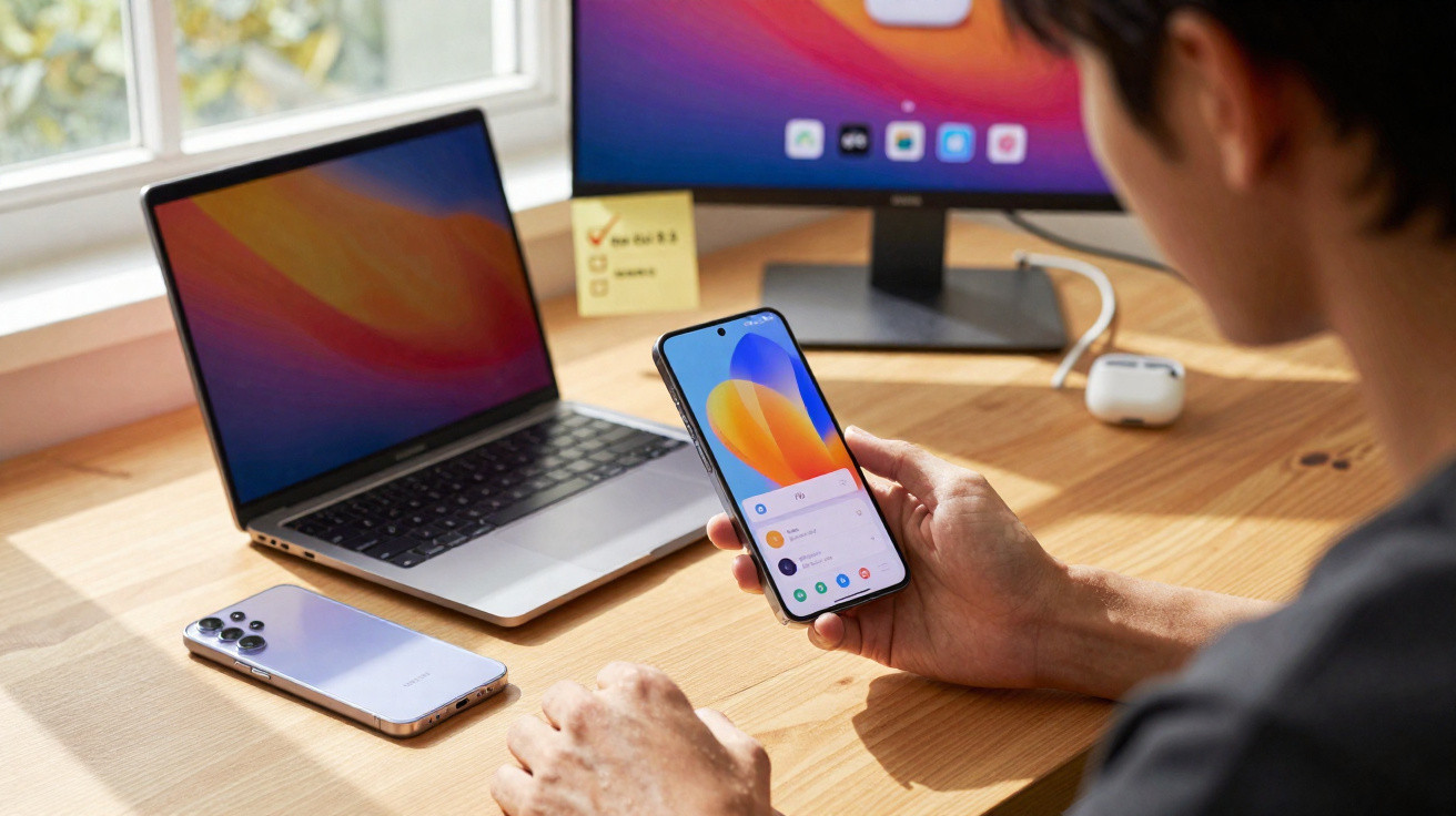 Pessoa sentada numa secretária a usar smartphone com portátil e monitor à sua frente.