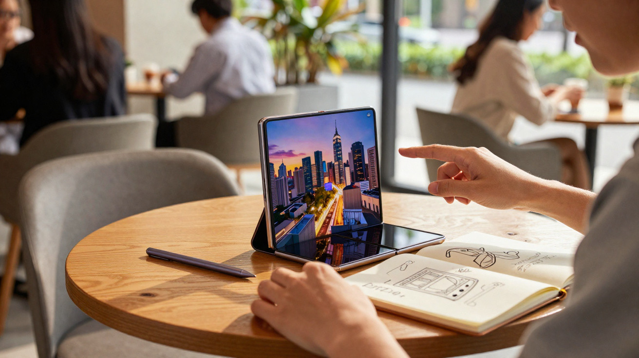 Pessoa a usar tablet dobrável numa mesa redonda com caderno de desenhos e caneta num café com mais pessoas ao fundo.