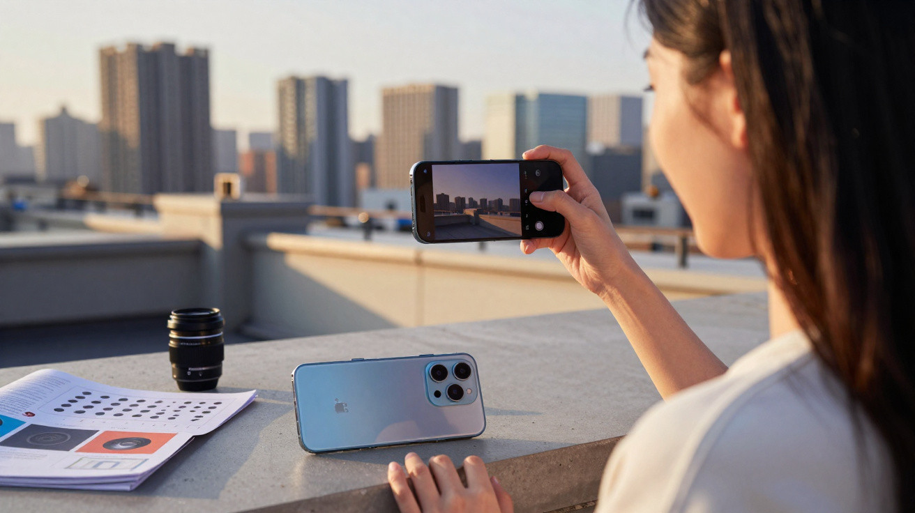 Pessoa a tirar foto da cidade com smartphone, telemóvel na parede e objetos de fotografia ao lado.