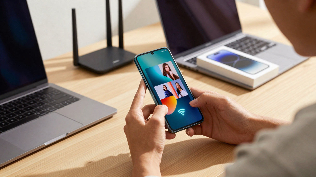 Pessoa a segurar telemóvel com chamada de vídeo, com portátil, router e caixa de telemóvel numa mesa.